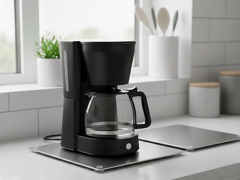 Edelstahl Brandschutzunterlage unter Kaffeemaschine und Wasserkocher in einer modernen Büro Küche und Aufenthaltsraum