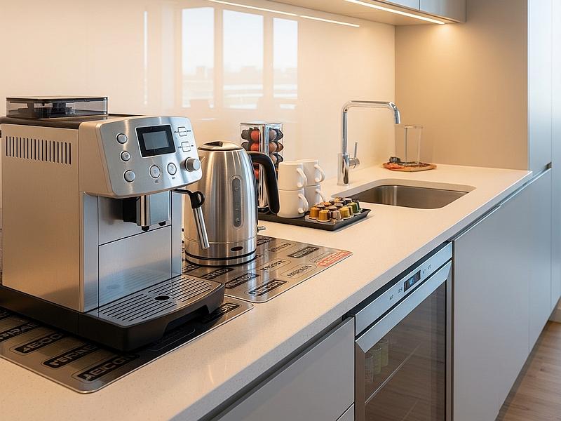 Edelstahl Brandschutzunterlage unter Kaffeemaschine, Kaffeevollautomat und Wasserkocher 
              in einer modernen Büro Küche und Aufenthaltsraum