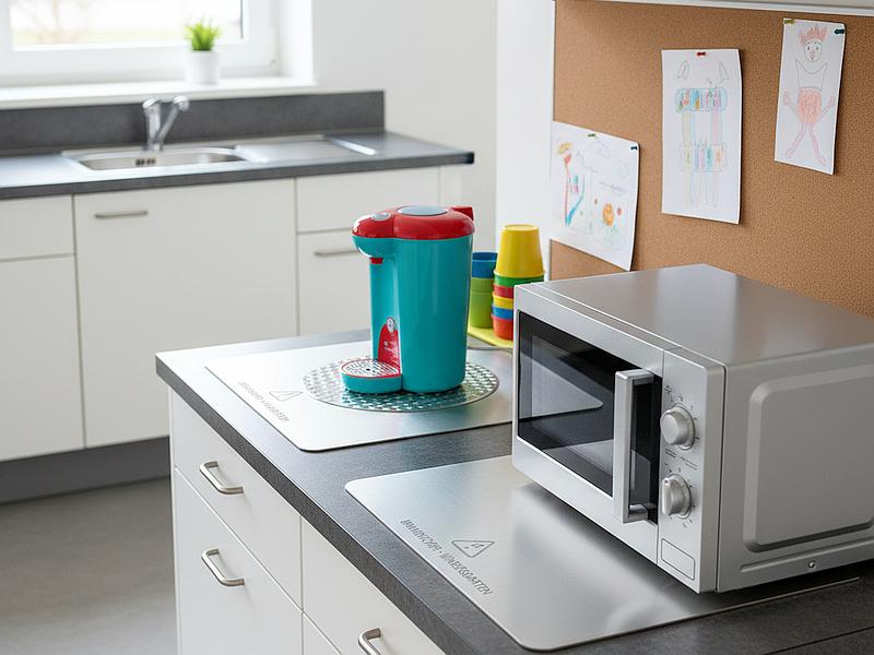 Stainless steel fire-resistant mat for use under coffee machines, fully automatic coffee makers, and kettles
              in a modern office kitchen and break room